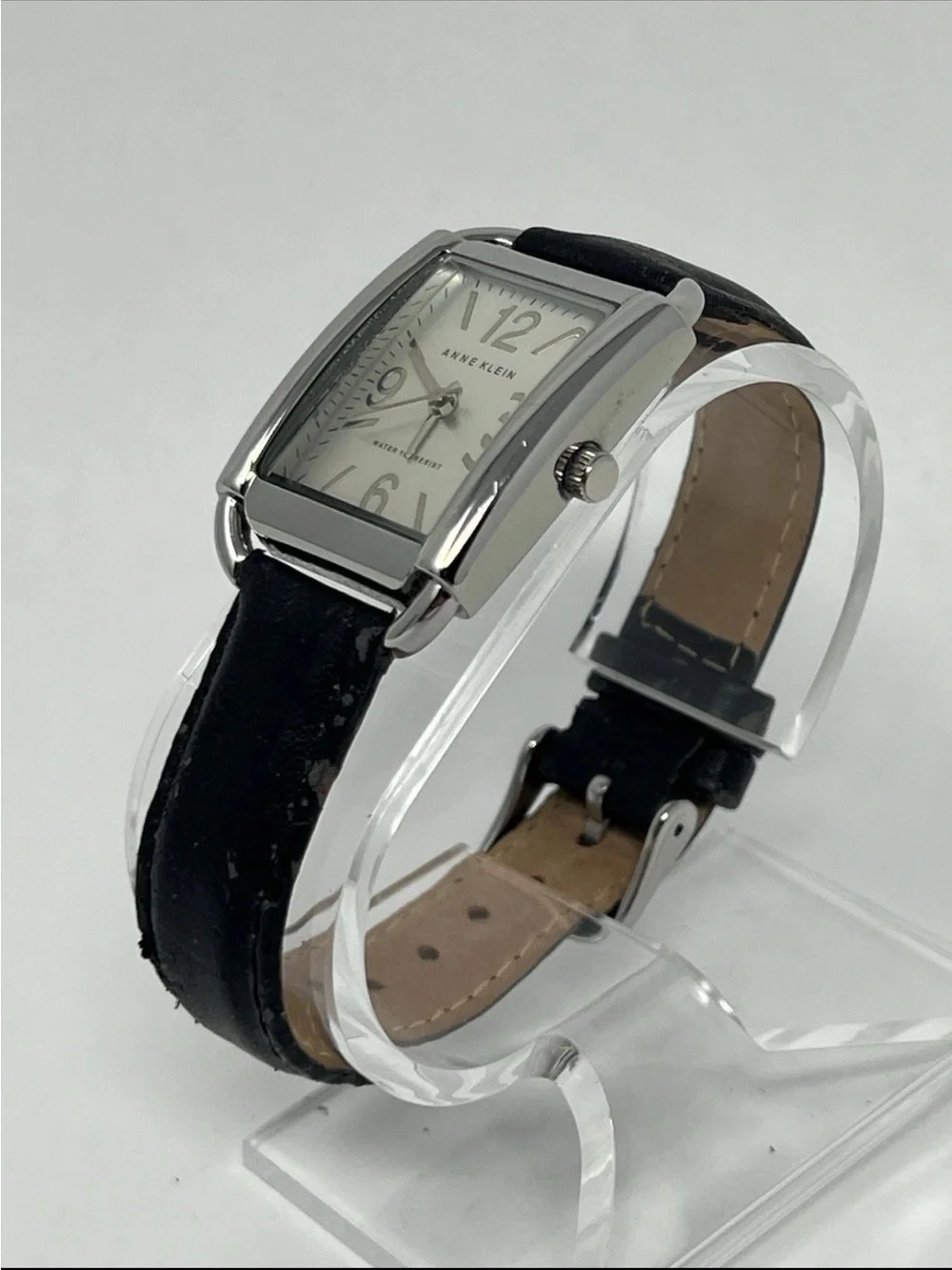 Anne Klein Women’s Watch Y121E 10/9997 Black Leather Silver Dial Tank Ladies